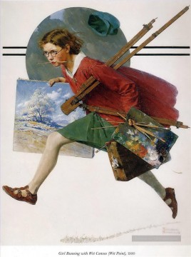  man - girl running with wet canvas Norman Rockwell